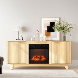Oak Fireplace TV Stand With 18 Inch Insert, Double Grid Doors & Gold Handles, Embossed Board Media Console 58 X 13.6 X 25.4 Inch