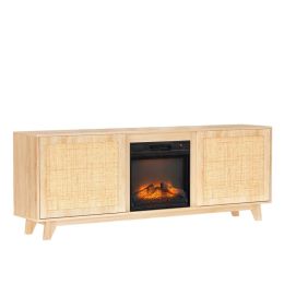 70' Oak Finish Low-Profile Fireplace TV Stand With 2 Doors & Rattan Front For 18' Insert