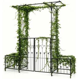 Metal Garden Arbor With Double Lockable Gate, Flat Top Garden Arch With Side Planter Boxes, Powder-Coated Climbing Plant Support