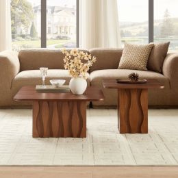 2PCS Nesting Square Coffee Table Set for Living Room,Mid-Century Wavy Fluted Base Tables, End Side Tables for Leisure Area,Office,Brown
