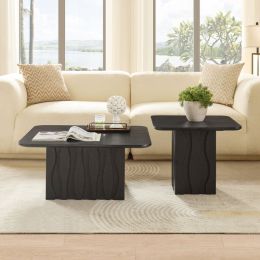 2PCS Nesting Square Coffee Table Set for Living Room,Mid-Century Wavy Fluted Base Tables, End Side Tables for Leisure Area,Office,Black