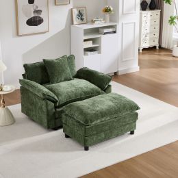44.5" Modern Accent Chair with Ottoman, Living Room Club Chair Chenille Upholstered Armchair , Reading Chair for Bedroom, Green Chenille