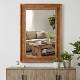 Yellowish Brown 20"x30" Rattan Rectangle Solid Wood Frame Decorative Mirror,For Farmhouse,Bathroom,Home Decor,Entryway
