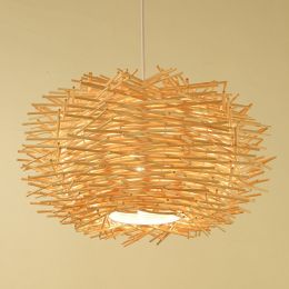 Southeast Asian Rattan Art Personalized Pastoral Bamboo Woven Straw Hat Bird Cage Chandelier (Option: Wood color-30cm)