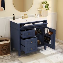 36'' Bathroom Vanity with Top Sink, Modern Bathroom Storage Cabinet with 2 Drawers and a Tip-out Drawer, Single Sink Bathroom Vanity (Option: Blue)