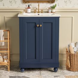 24 inch Modern Bathroom Vanity Cabinet, Simple & Elegant Design with Soft-Closing Storage, Adjustable Shelf, Bathroom Vanity with Ceramic Sink (Option: Blue)