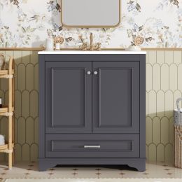 30" Luxurious Bathroom Vanity with Ceramic Sink, Bathroom Vanities Cabinet with 2 large Soft Closing Doors, Solid Wood Frame Bathroom Storage Cabinet (Option: Blue)