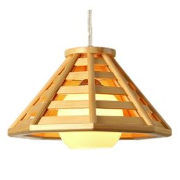 Modern Minimalist Bamboo Woven Woodcraft Ceiling Lamp Restaurant Bar Hotel Inn Balcony LED Chandelier (Option: With Milky White Glass Cover-Large 50cm Wood Color)